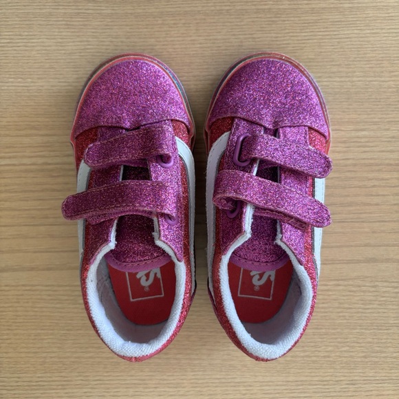 Vans Toddler Old Skool V Sneakers Pink Rainbow Glitter With Velcro Straps Size 8 - Picture 7 of 14
